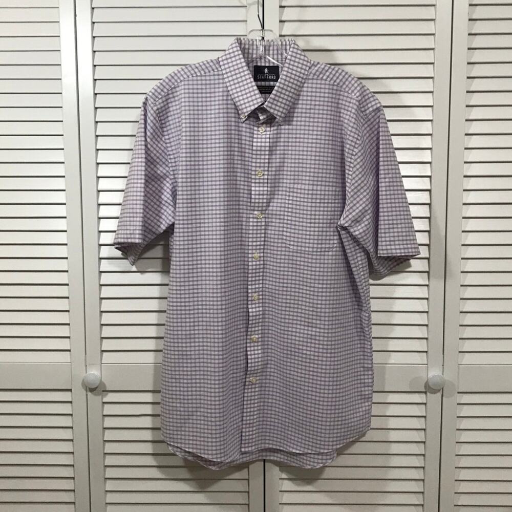 Stafford Preppy Purple Gingham Check Short Sleeve Mens Shirt 16.5 L